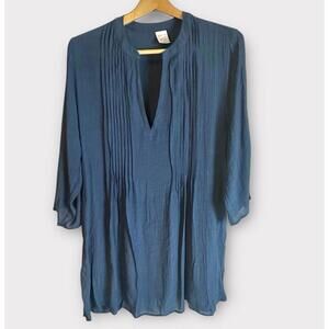 Merona Womens Blouse Top 3/4 Sleeve Pleated V Neck Dark Blue Lightweight Size M